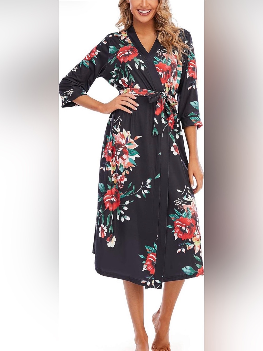 NWT Floral Kimono Style Wrap Robe — Black with Red Floral Print XXL Plus